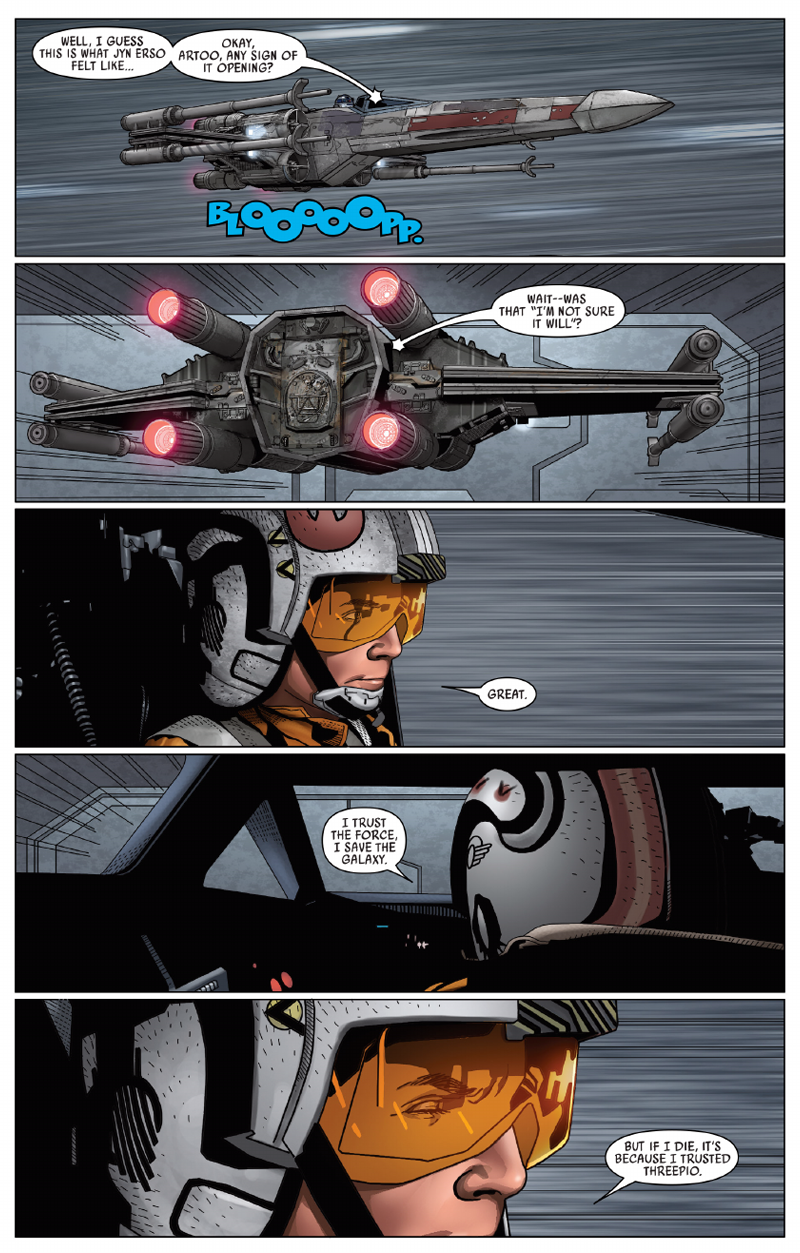Luke invokes Jyn’s name as he prepares to potentially smash straight into a locked hangar bay.